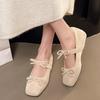 2025Inner Increase Flat  Spring New Square Head Shallow Mouth Suede Butterfly Knot Set Foot Soft Sole Non-slip Single Shoes
