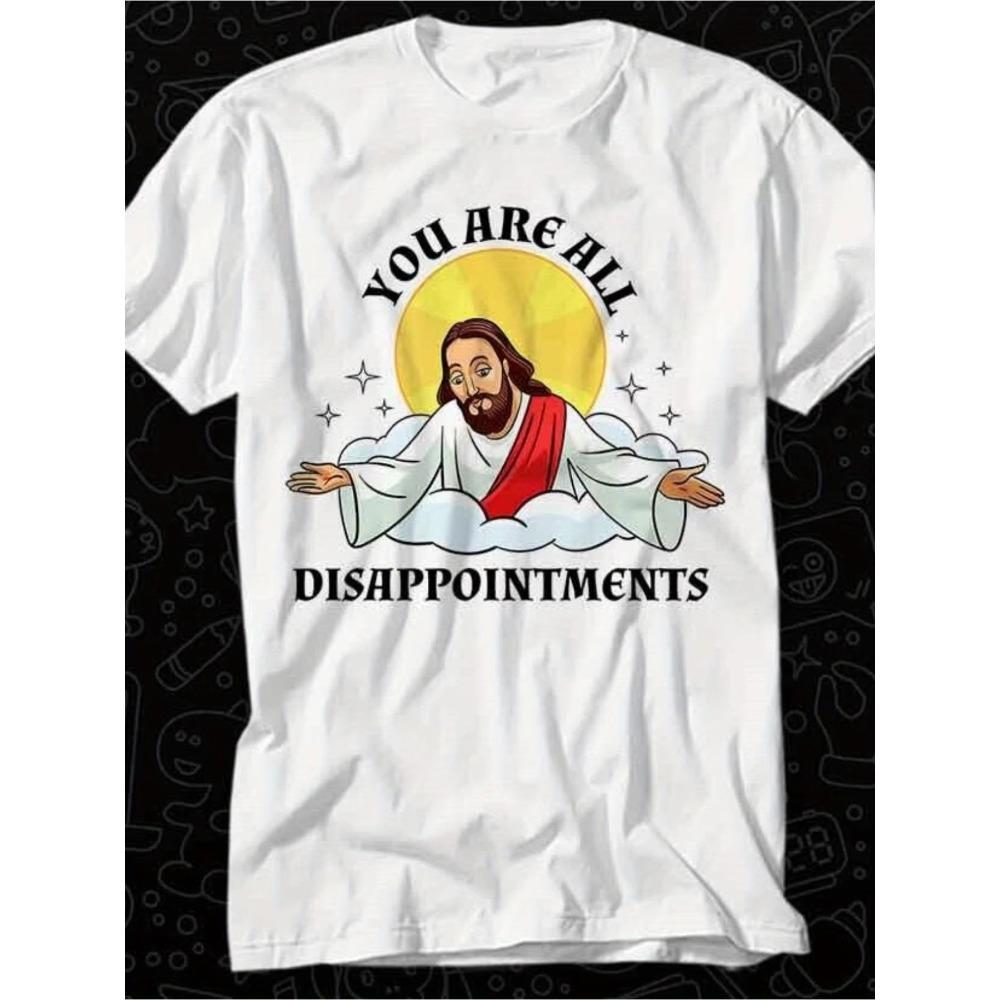 Regular Fit  Crew Neck T-Shirt - Casual with Religious Satire Graphic Print, Knit Fabric, All-season Wear for Adults