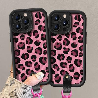Pink Leopard Print Lanyard Suitable for Apple 16PRO Mobile Phone Case Huawei Pura70 Silicone Lambskin Vivos18 Women