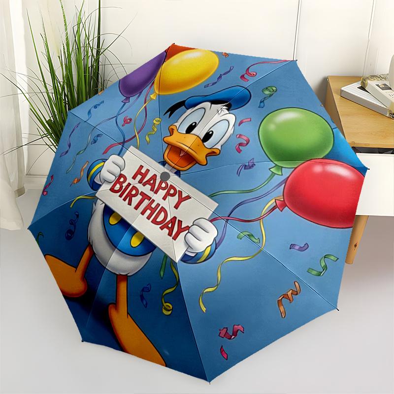 1pc Donald Duck Happy Birthday Sign with Balloons - Automatic Opening Folding Umbrella, Portable 3-Fold Design, 8-Bone Iron Frame Outdoor Um