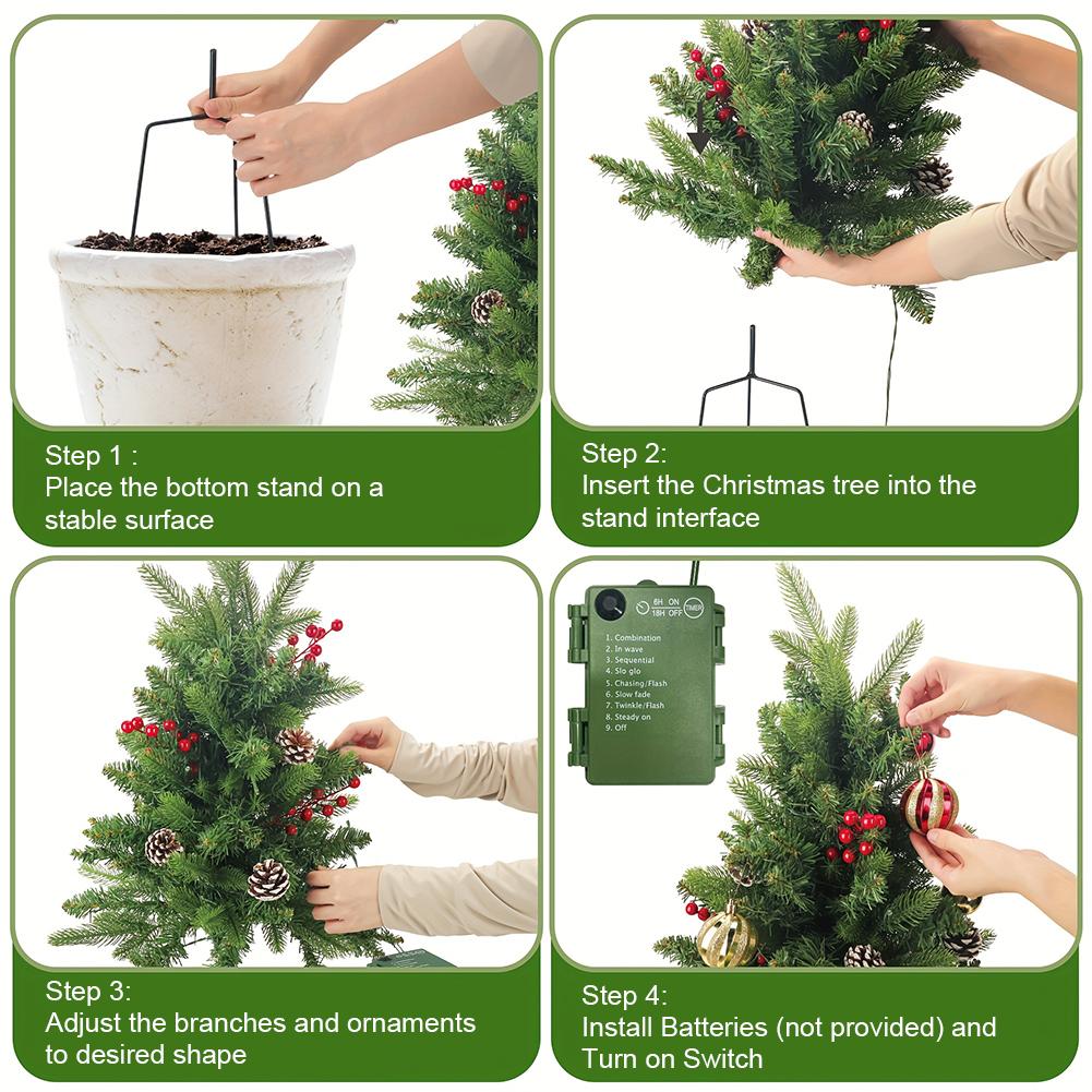 2Pcs Christmas Tree with Tripod Stake Pre Lit Christmas Planter Bushes Battery Operated Holiday Planter Filler for Home Decor