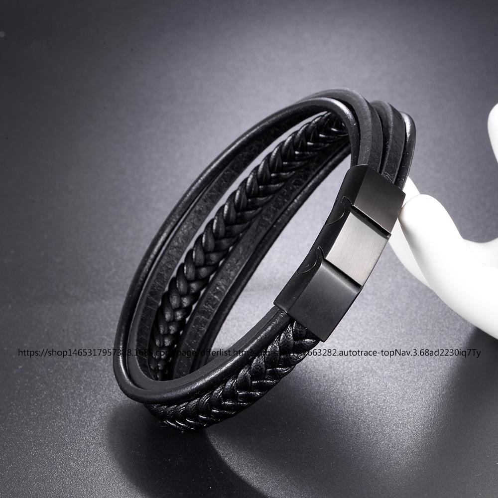 Cowhide bracelet, stainless steel leather woven multi-layer bracelet, leather adjustable buckle bracelet