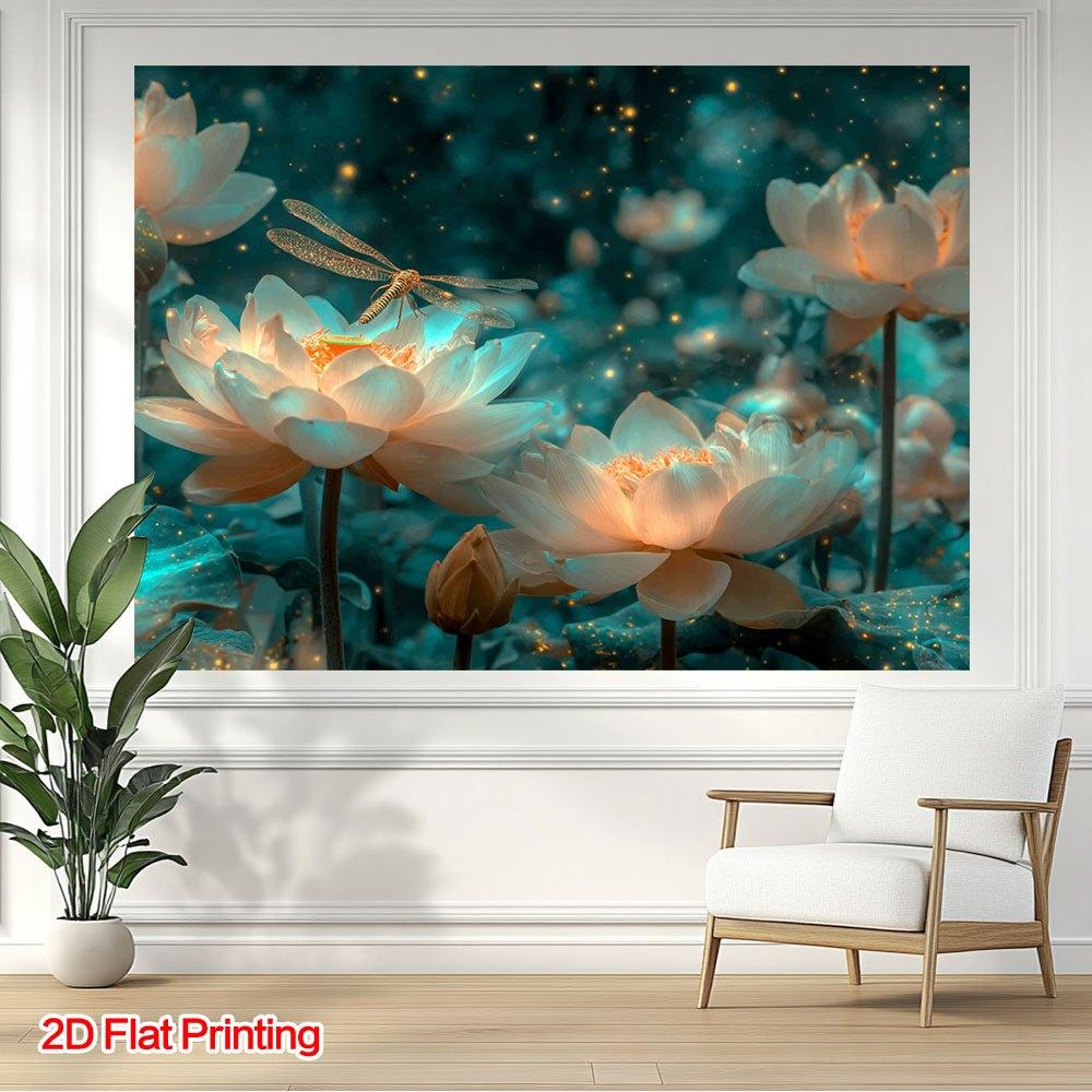 2D Plane Charming Lotus Dragonfly Background Fabric Highly Suitable for Home Garden and Interior Decoration Polyester Fiber