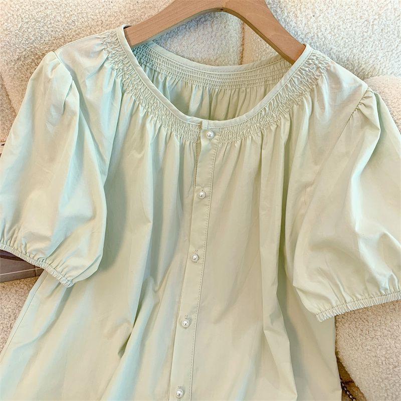 French Mint Bubble Round Neck Shirt - Summer 2026 Design, Short Sleeve, Loose Fit Top