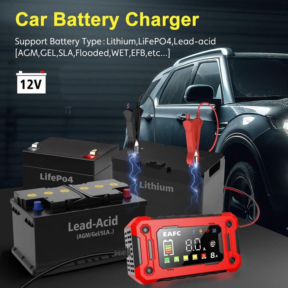 EAFC Akıllı 12V 8A Araç Akü Şarj Cihazı - Büyük Renkli Ekran, AB Fişi, Kurşun-Asit ve LiFePO4 Aküler için Darbeli Onarım