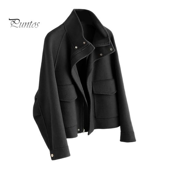 

Осенне-зимнее шерстяное пальто с боковыми карманами, застегивающимся на молнию воротником, отложным воротником, однотонная толстая куртка с длинными рукавами, верхняя одежда для поездок на работу и свиданий M