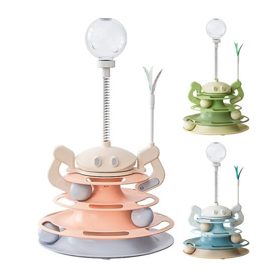 Drehteller Katzenspielzeug 3-stöckige Rollbahn Katzenturm Spielzeug mit Feder und Bällen Interaktiver Katzen-Puzzle-Futterautomat für Wohnungskatzen