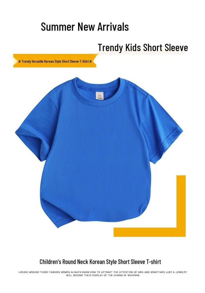 2025 New Kids' Solid Color Cotton Korean Style Loose Round Neck Sweat-Absorbent DIY Summer Short Sleeve T-Shirt