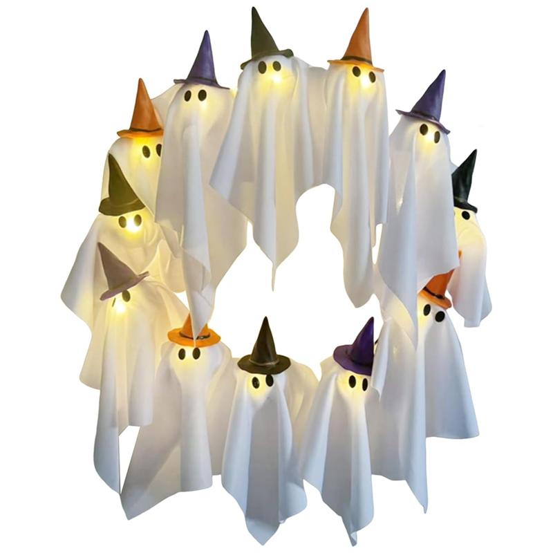 

A25F-Halloween Front Door Hanging Decor Spooky Ghosts Wreaths 12 LED Lights Up Halloween Ghost Wreaths белый