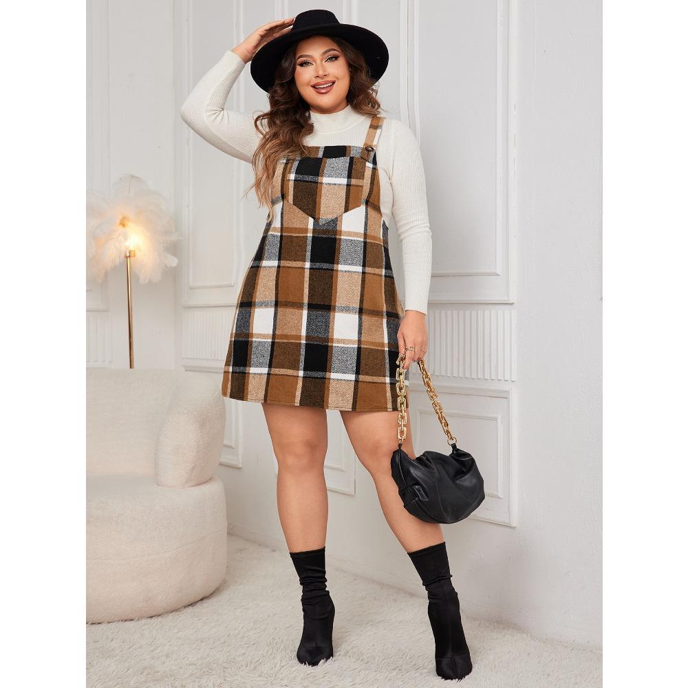 Women's Spring, Autumn and Winter Skirt Coat Inside the Skirt New Plaid Strappy Dress Plus Size XL-6XL Loose Strappy Dresses
