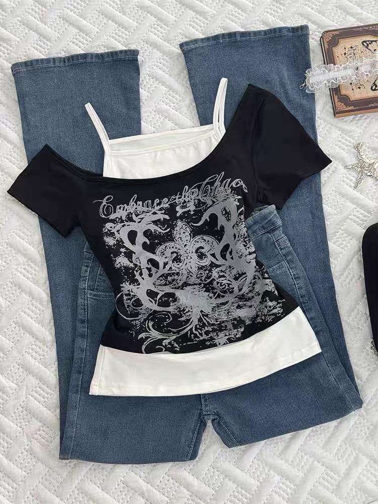 Y2K Millennial Spicy Girl Amerikanisches Retro Off-Shoulder Bedrucktes T-Shirt - Damen Sommer Kurzarm Top