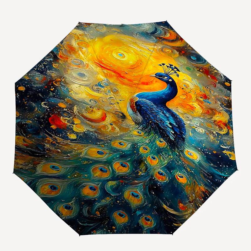 

1pc peacock abstractOpen/Close Umbrella-Windproof, Compact Travel Umbrella, Sturdy 8-Rib Shaft, Outdoor Accessory, 1067