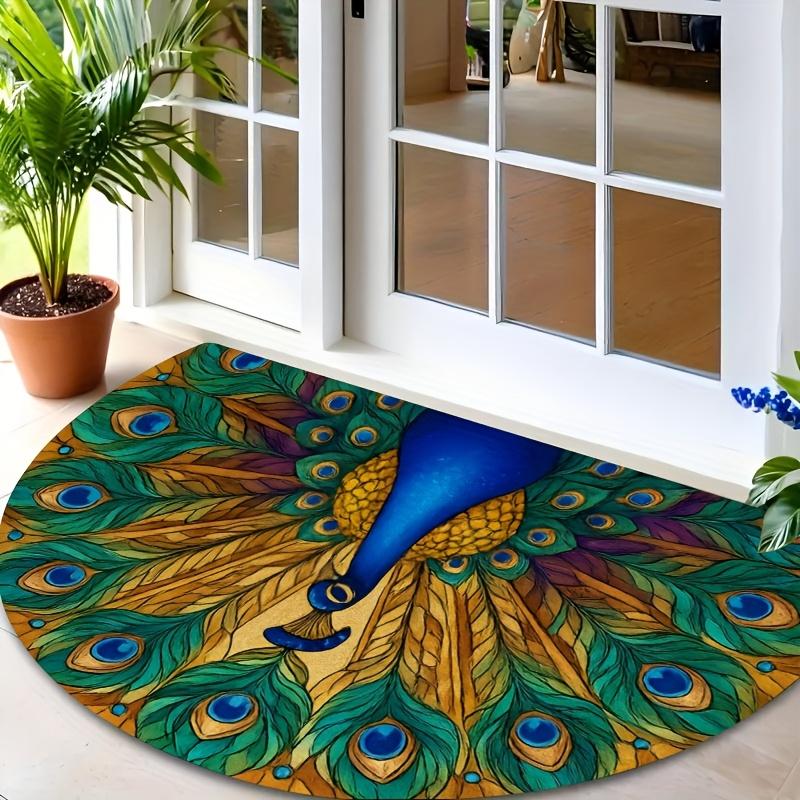 1Pcs Elegant Peacock Semi Circle Welcome Doormat Non-Slip for Outdoor Patio Porch Kitchen Bathroom Entryway Floor Mat