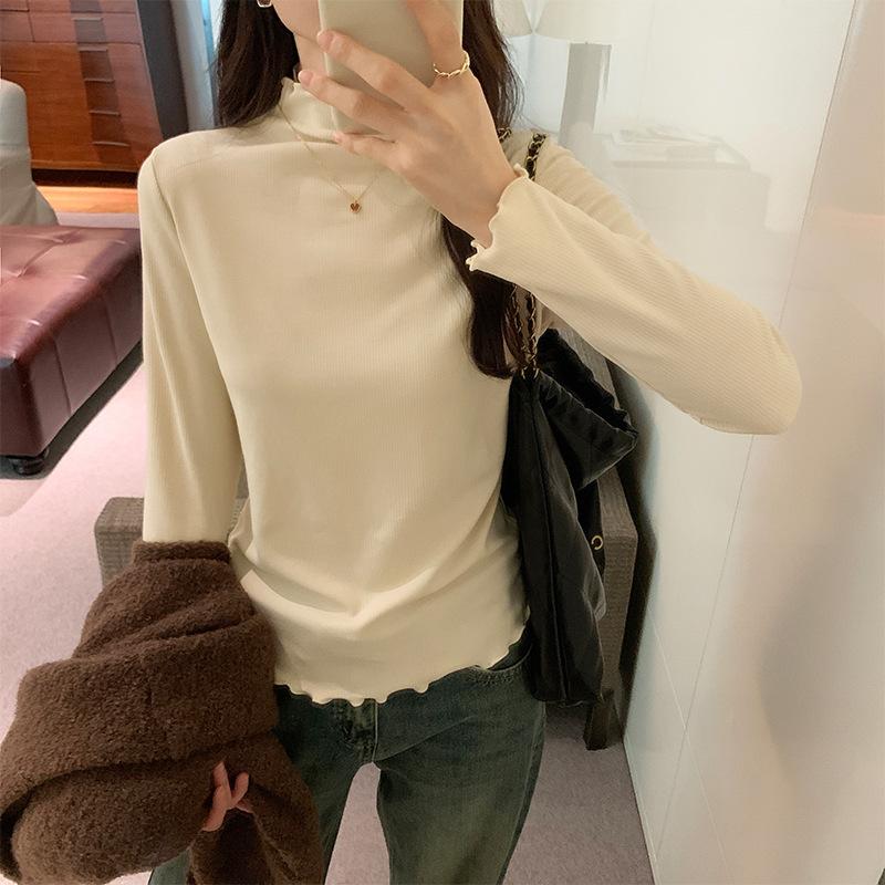 White half-high collar, modern style, middle collar, brushed top, women's autumn and winter new style, versatile plus velvet bottoming shirt