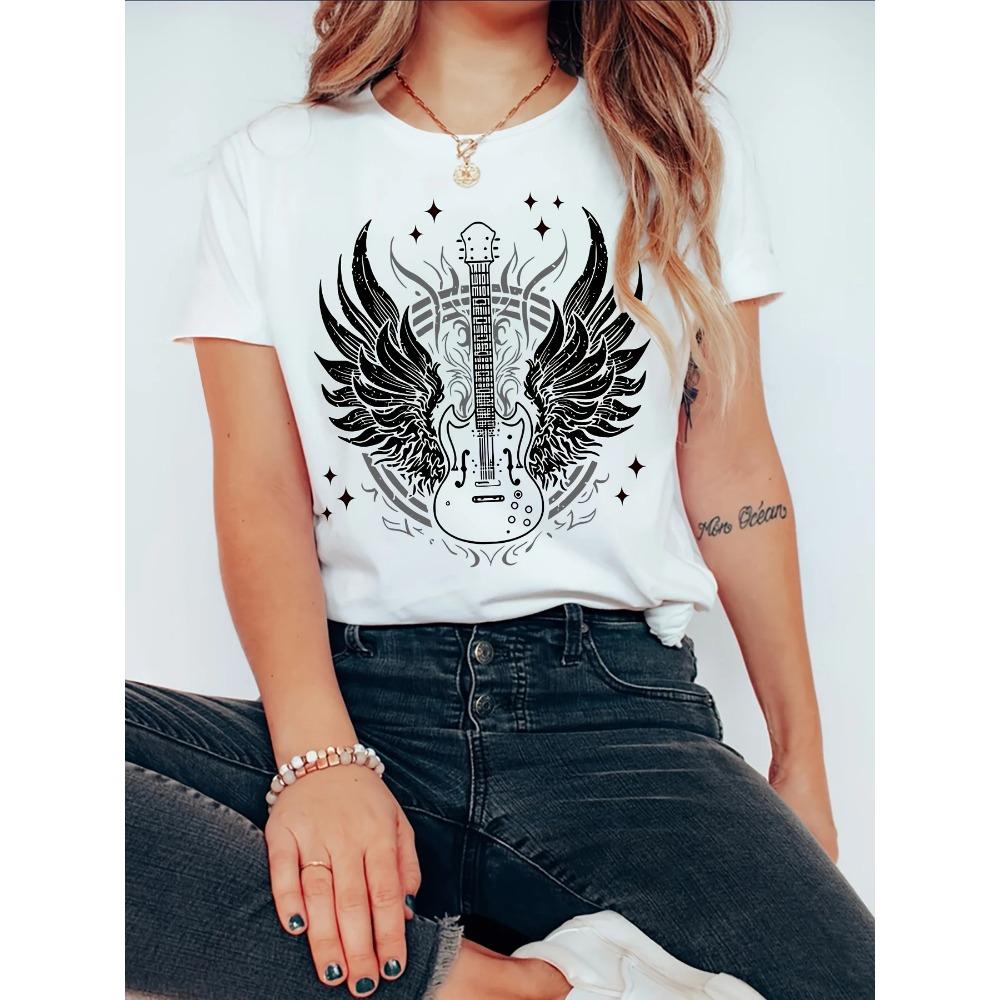 Guitar Wings Print Sports T-Shirt Round Neck Short Sleeve Workout Shirts Sportswear for Women Harajuku Goth Tops