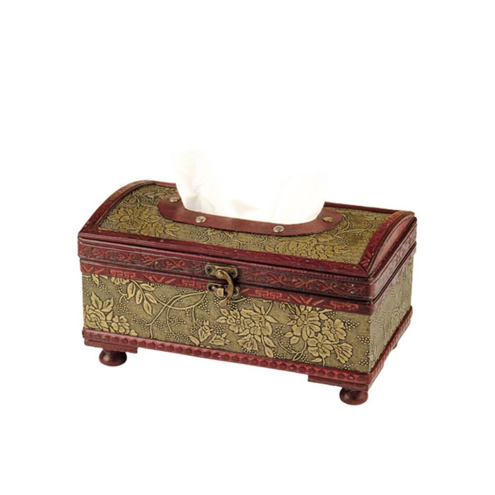 Vintage Royal Style Wooden Tissue Box Treasure Chest Design Floral Embossed Desktop Napkin Paper Organizer Raised Feet