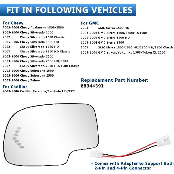 TOP-MAX Driver Side Mirror Glass Replacement For 2003-2006 Chevy Silverado GMC Sierra Tahoe Yukon Suburban Avalanche Cadillac Escalade, Heated
