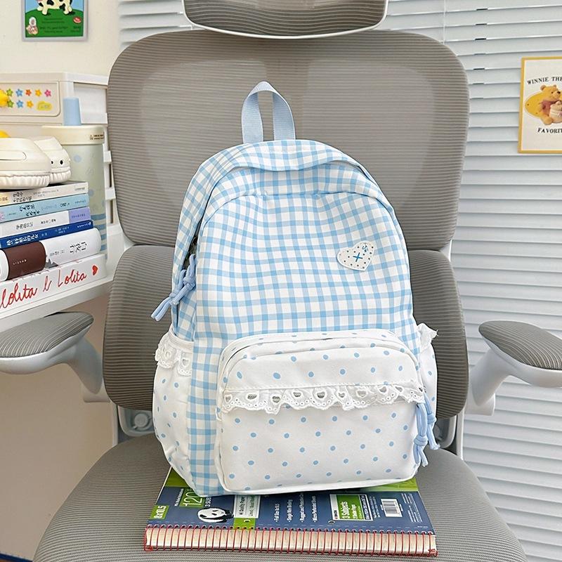 Schoolbag new small fresh plaid lace backpack women's daily versatile large capacity going out commuting student schoolbag backpack
