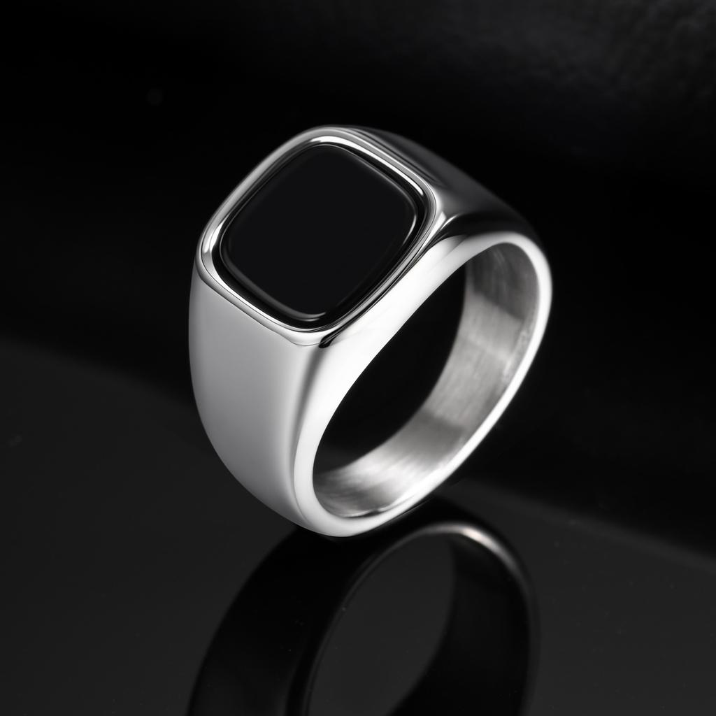 Stylish Black Stone Rings for Men Boys,Waterproof Stainless Steel Geometric Square Ring Signet Ring,Jewelry Gifts for Him