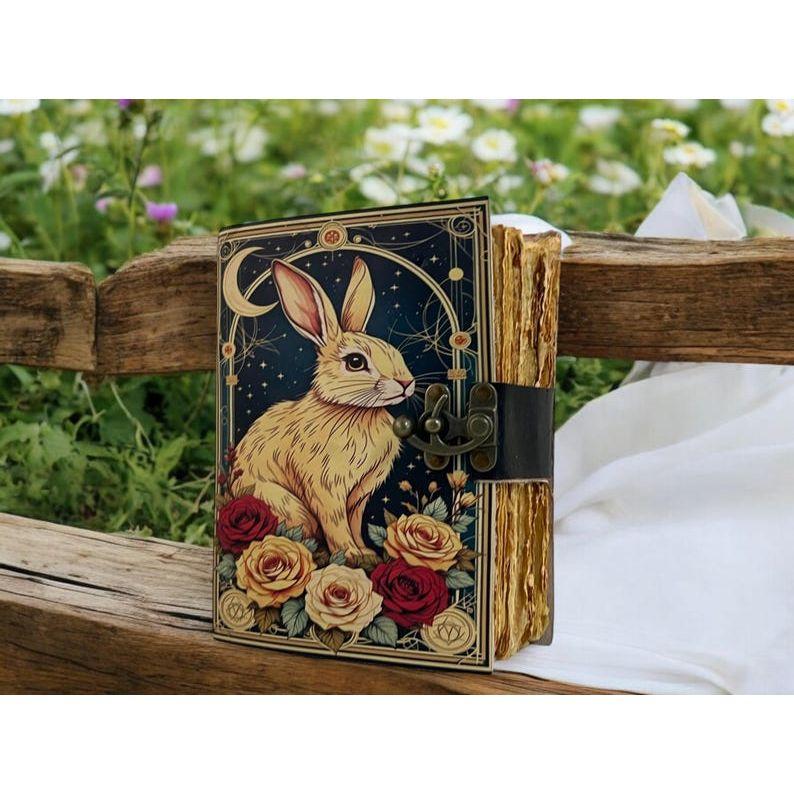 Easter Bunny Rabbit Vintage Handmade Leather Journal, Grimoire Fat Journal Blank Spell Book of Shadows Christmas Gift Him Her