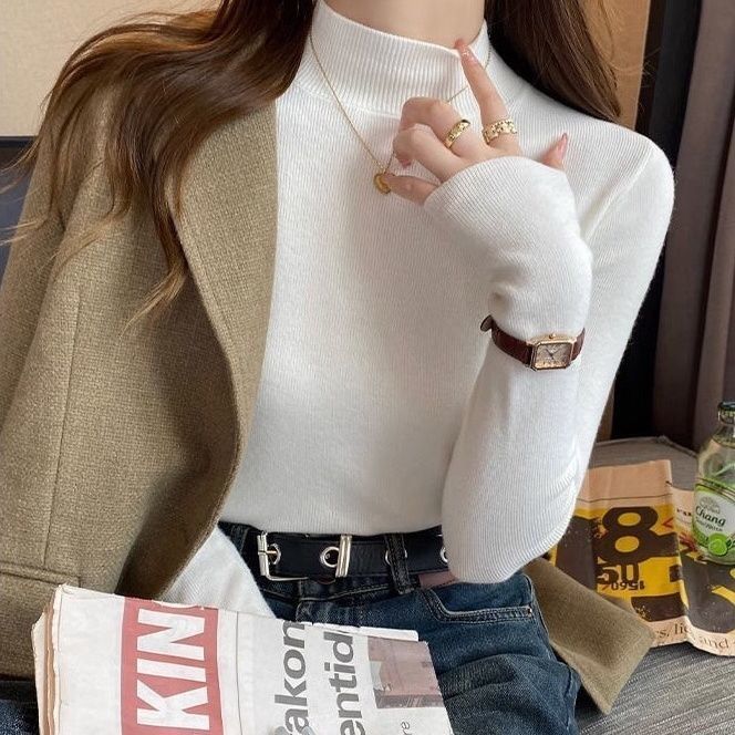 Half High Neck Sweater for Women In Autumn and Winter Mid Neck Base Knitted Sweater Pullover Top