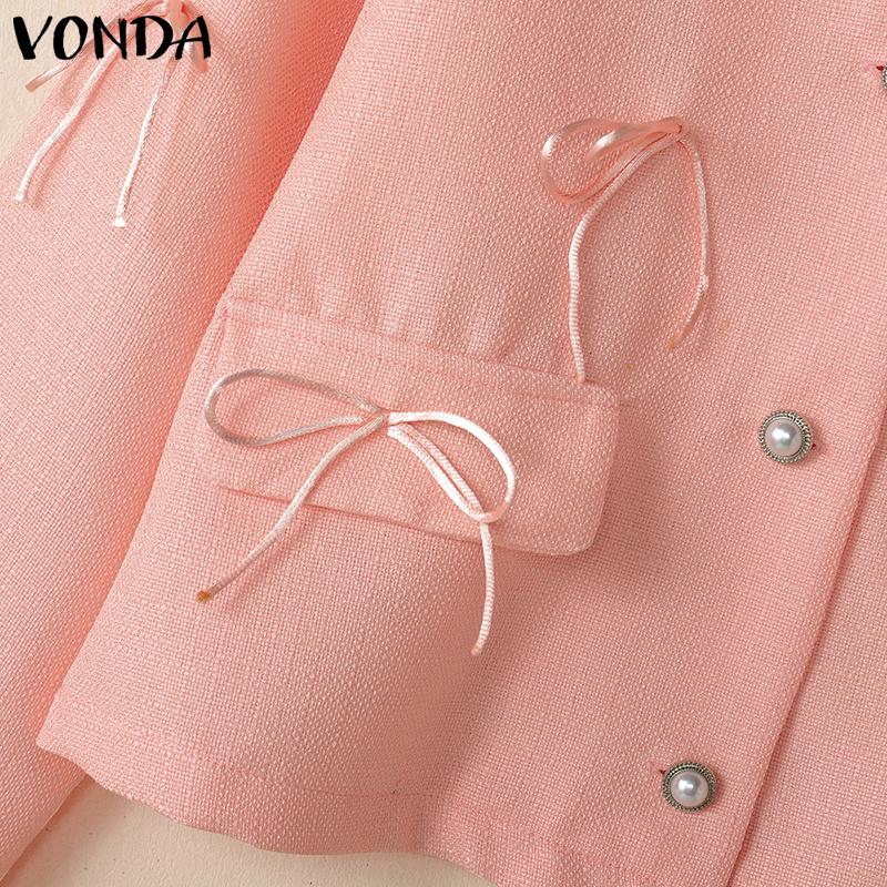 VONDA Women Autumn Round Neck Tied Long Sleeve Solid Color Jackets