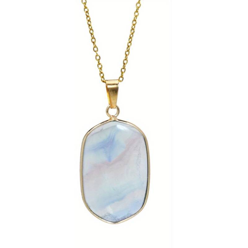 Natural Stone Geometric Pendant Necklace With Gold Plated Edges For Women And Men