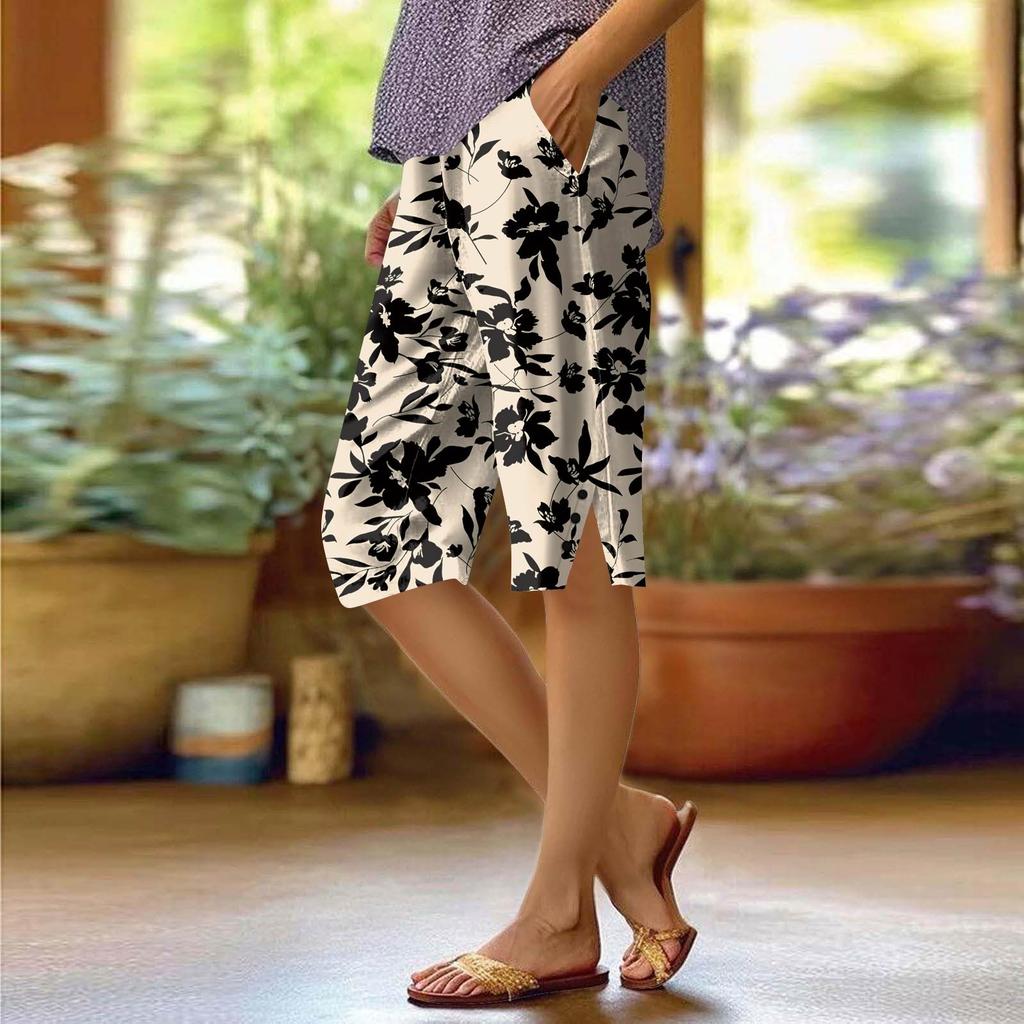 Dámské potištěné kalhoty Módní kapsa Elastický pas Ležérní šortky
