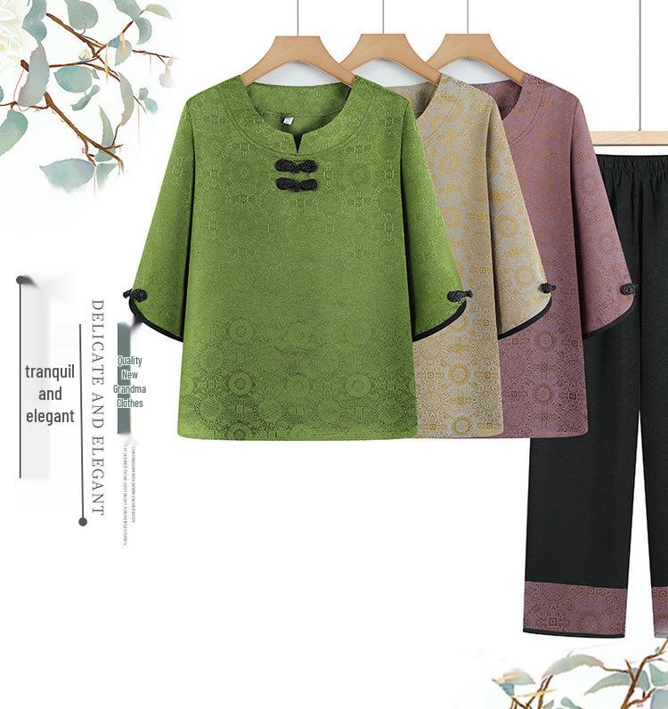 Stylish Summer Two-Piece Set for Elderly Women – Grandma's Mid-Sleeve Top & Fashionable Pants