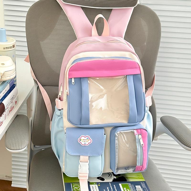 Color Block Student Schoolbag Multi-functional Large Capacity Backpack Lightweight Travel Backpack