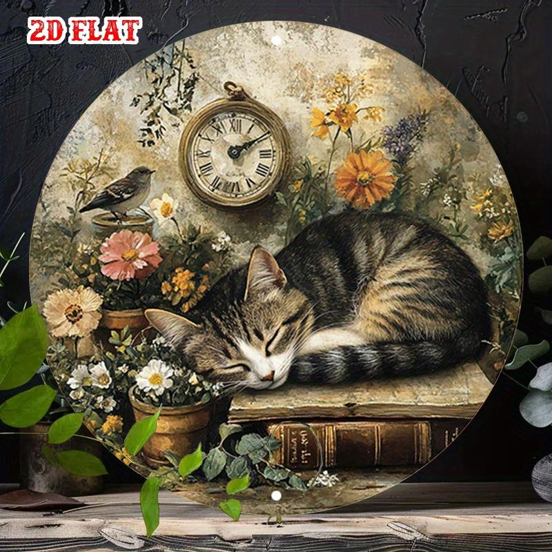 Sleeping Tabby Cat with Vintage Books and Flowers Tin Sign Vintage Durable Metal Plaque Wall Decor Home Office Bar Man Cave W