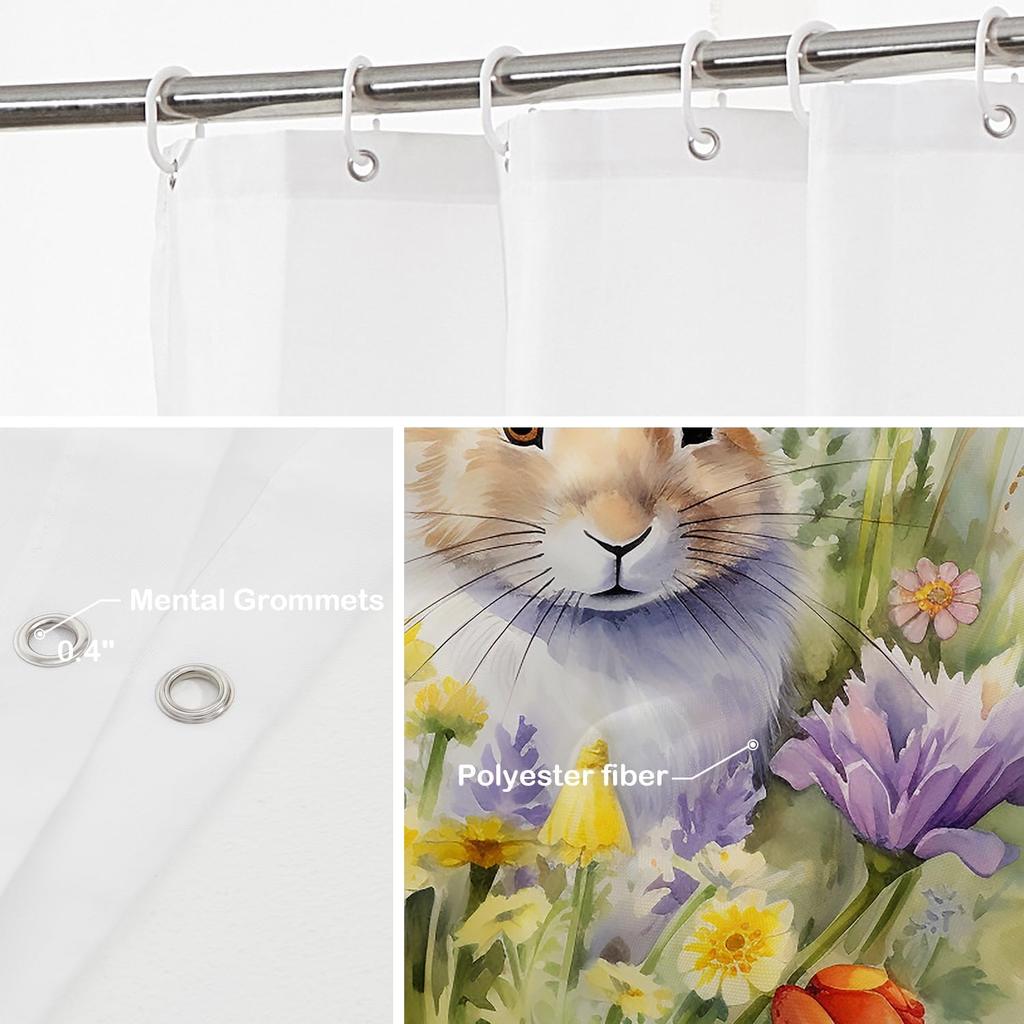 Watercolor Rabbit And Flowers Pattern Waterproof Shower Curtain 180X200Cm - Spring Floral Print Bath Curtain For Home Decor