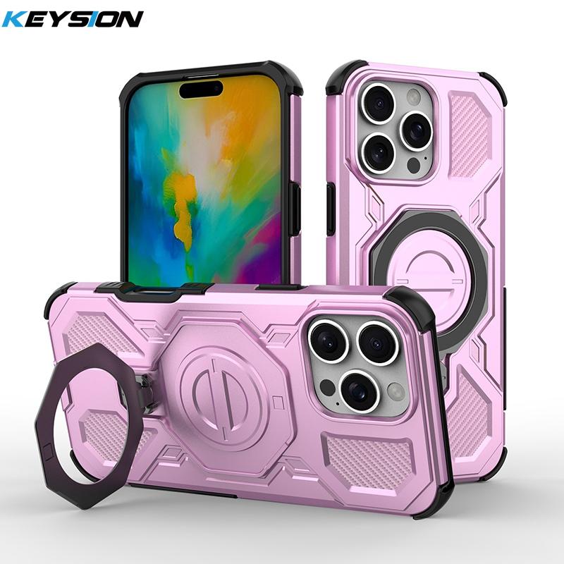 KEYSION Shockproof Magnetic Case for iPhone 16 Pro Max Upright Live Metal Ring Stand Phone Cover for iPhone 15 Pro Max