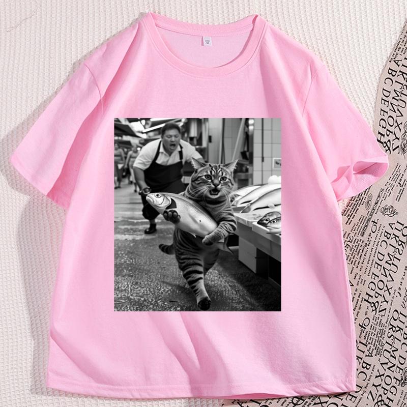 Funny Cat Stealing Fish T Shirt Men Cotton Round Neck Short Seeve Tees Loose Casual Comfortable Round Neck Short Sleeve Tops