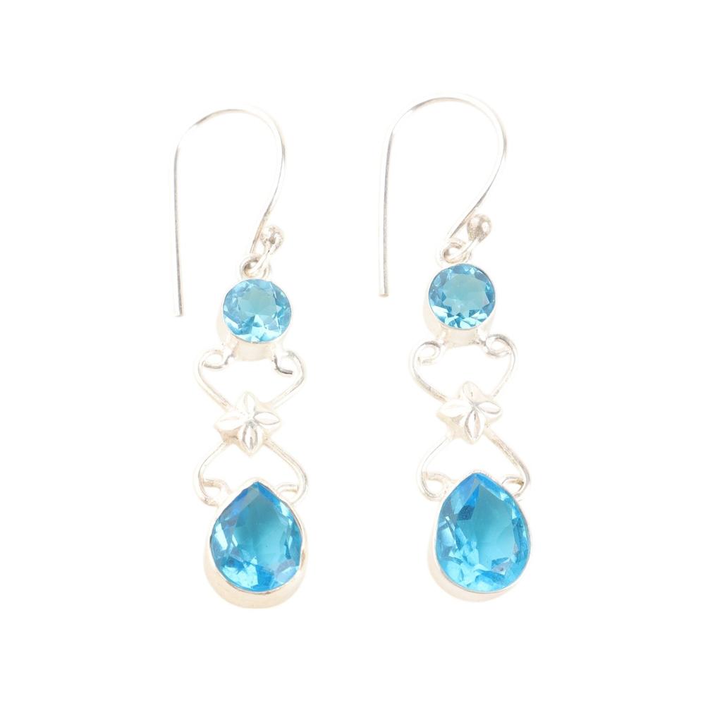 Natural Swiss Blue Topaz Gemstone 925 Solid Silver Jewelry Handmade Earrings 2" EE-156-13