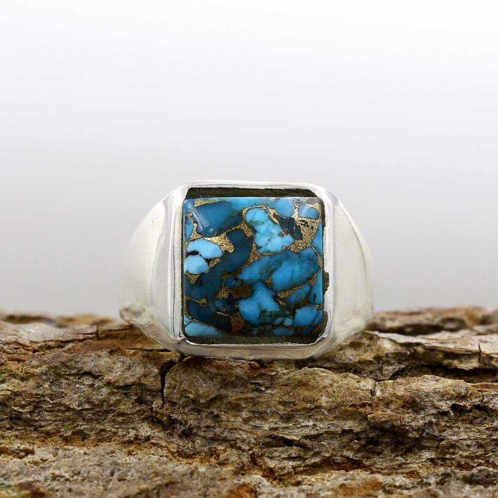 Blauer Kupfer Türkis Edelstein Ring, Massiver 925 Sterling Silber Ring, Geburtsstein Ring, Jubiläumsring, Herrenring