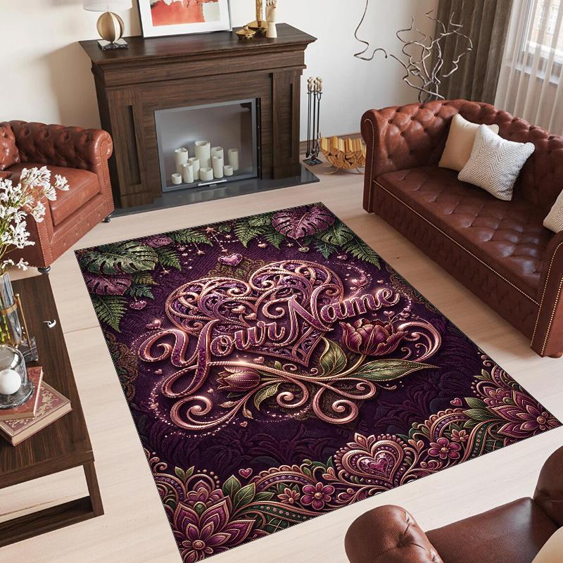 Floral Theme Crystal Velvet Rug Personalized Custom Name Text Soft Floor Mat Home Decor