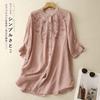 Literary Floral Embroidery Women O Neck Cotton Linen Long Shirts Loose Summer Blouses Sum Protection Female Casual Tops