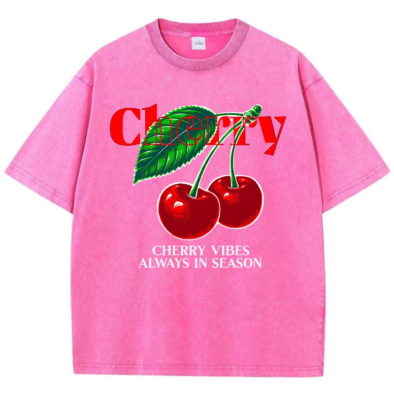 Casual Womens Acid Wash T-Shirts Cherry Vibes Always In Season Prints Tees Distressed Oversize Cotton Short Sleeve Clothes