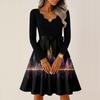 Women's Casual Fashion V-neck Long Sleeved Retro Christmas Print Retro Dress