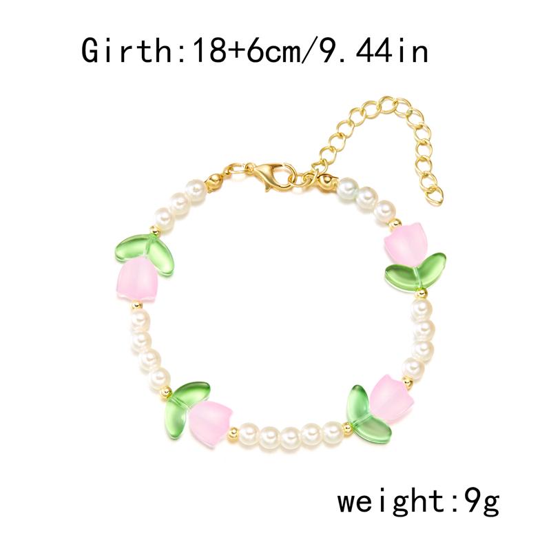 New Fashion Sweet Tulip Flower Necklace Bracelet Set For Women Elegant Pearl Clavicle Chain Necklace Girls Party Jewelry Gift