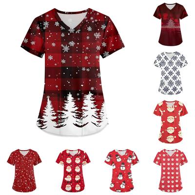 Bedruckte Oberteile für die Arbeitsuniform in Übergröße für Damen, mit überkreuztem V-Ausschnitt, Weihnachtsdruck, kurzärmelig, lustiges Arbeits-T-Shirt mit Taschen