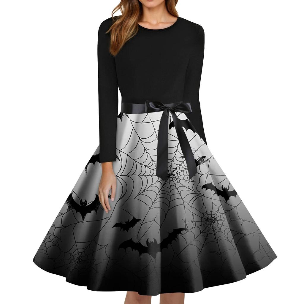 Women's Fashion O-Neck Casual Slim Fit Halloween Printed Long Sleeve Dress