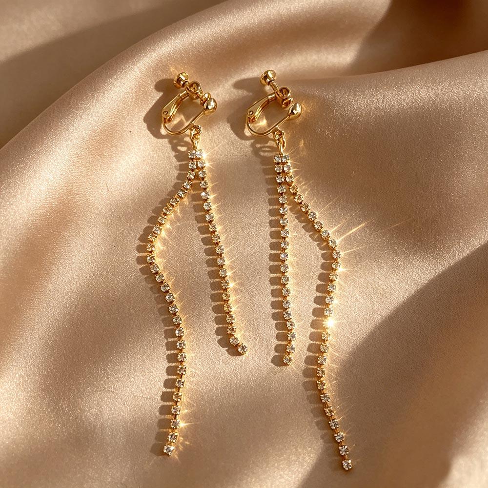 Vintage Long Rhinestone Ear Clips Without Ears Hole Earrings Temperament Crystal Pearl Clip On Earrings for Women Wedding Party