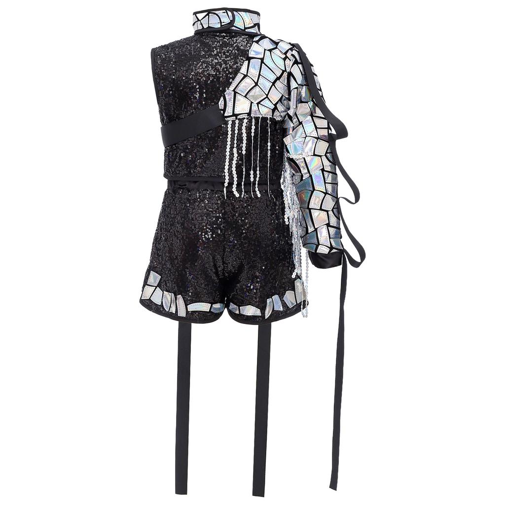 Completo Hip Hop Danza Bambini Top Corto Senza Maniche Zip Up Laccato Paillettes Shorts Set Maniche con Nappe Staccabili