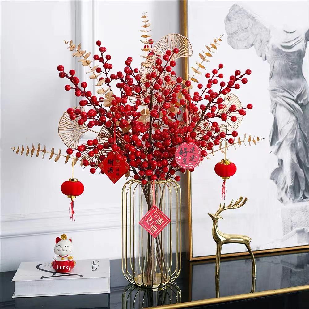 Red Holly Berry Faux Flower Fortune Bucket for New Year Home Decor
