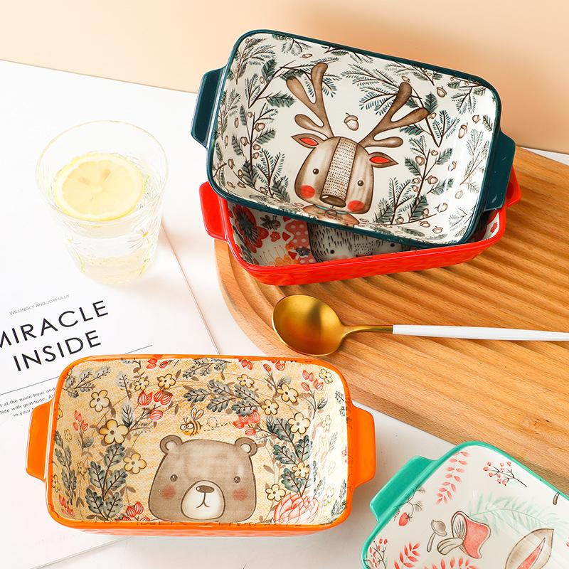 Ceramic Double Ear Baking Plate Restaurant Home Cute Cartoon Bakeware Animals Rice Vegetable Rectangular Dish Kitchen Tableware