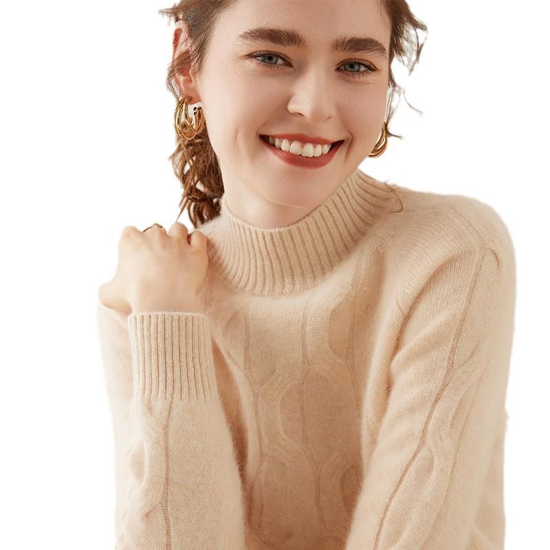 Women's Cable Knit Cashmere Top – Half-High Collar, Long Sleeve, Loose Fit, Versatile Sweater