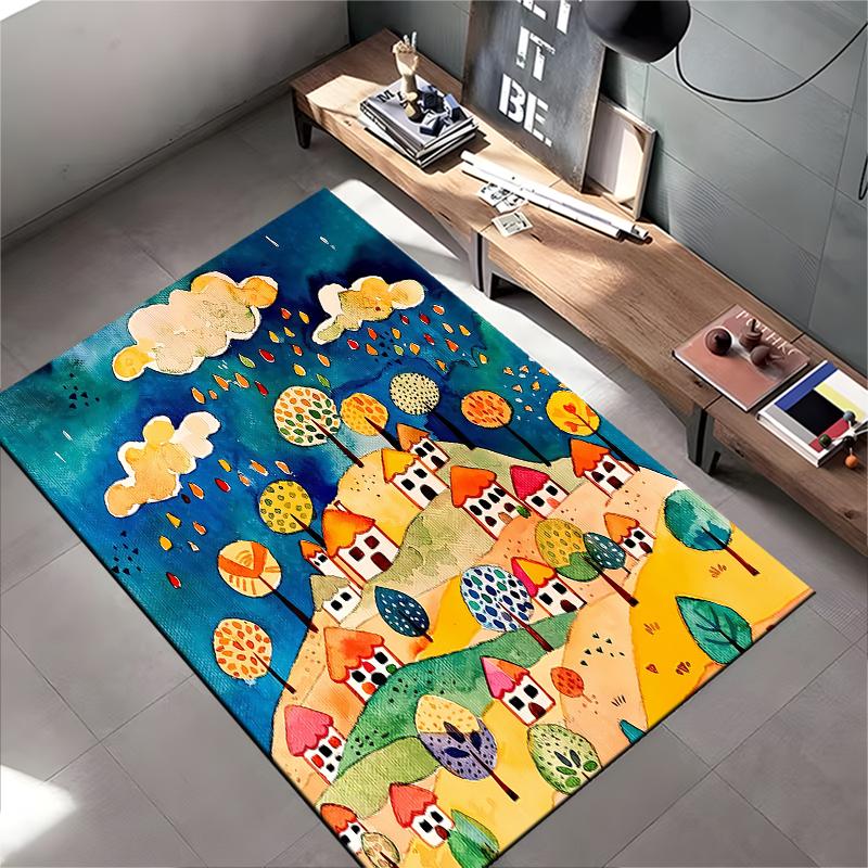 Colorful Cartoon Village Pattern Carpet with Trees and Clouds Design Suitable for use as an anti-slip for living room bedroom sofas
