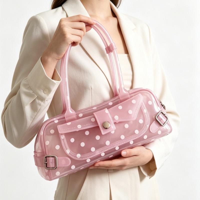 Bolso de Mano Transparente de PVC con Lunares Dulces Tubo de Gelatina Color Caramelo Mini Bolso de Hombro con Asa Superior Bolso Tote para Vacaciones de Verano en la Costa